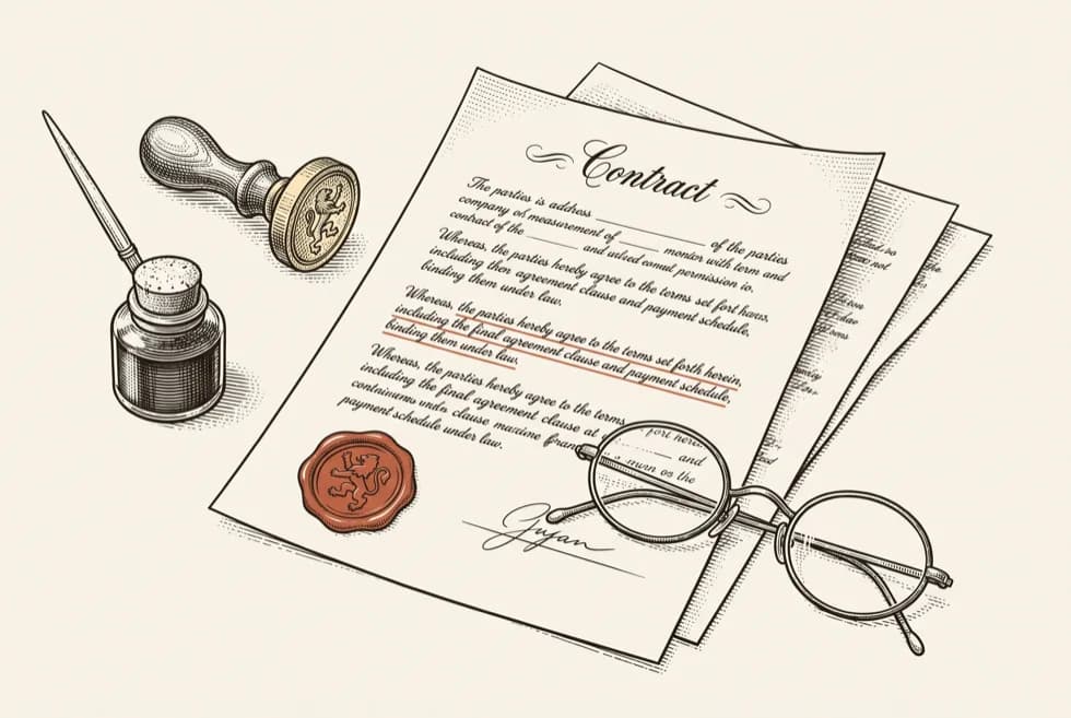 Engraving of a contract on a desk, clauses underlined in red beside a wax seal